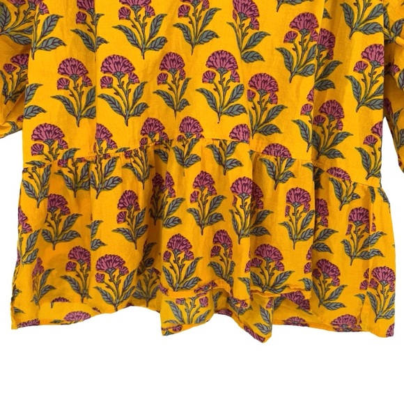 Printfresh Countryside Drives Puff Sleeve Peplum Blouse Small Gold Floral Boho - Picture 5 of 8